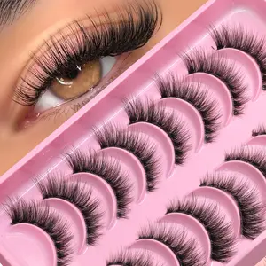 GROINNEYA 8 Pairs Cat Eye Lashes Natural Cross Fluffy False Eyelashes Wispy Spiky Lashes Self Adhesive Faux Mink Lashes Soft, Comfortable, Lightweight, Creat Clear Makeup Downy Lashes With Clear Band, Suitable For Date And Daily