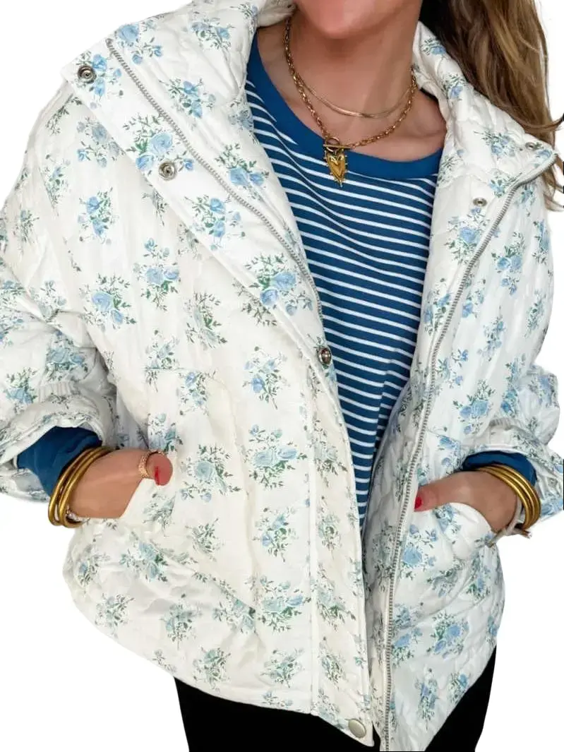 Women's Feminine Floral Quilted Puffer Jacket - Long Sleeve Collared Coat with Zipper Closure, Snap Button Detail, Ribbed Accents, Side Pockets, Relaxed Fit Lightweight Padded Outerwear for Fall Winter Everyday & Weekend Wear