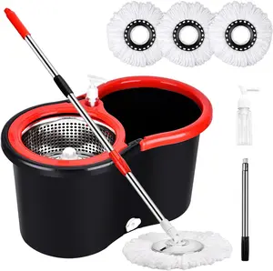 Colorful 360 Spin Mop Bucket Set Wringer System with 3 Microfiber Refills and Stainless Steel  Adjustable Extendable Pole - Plastic Bucket Cleaning Household Items