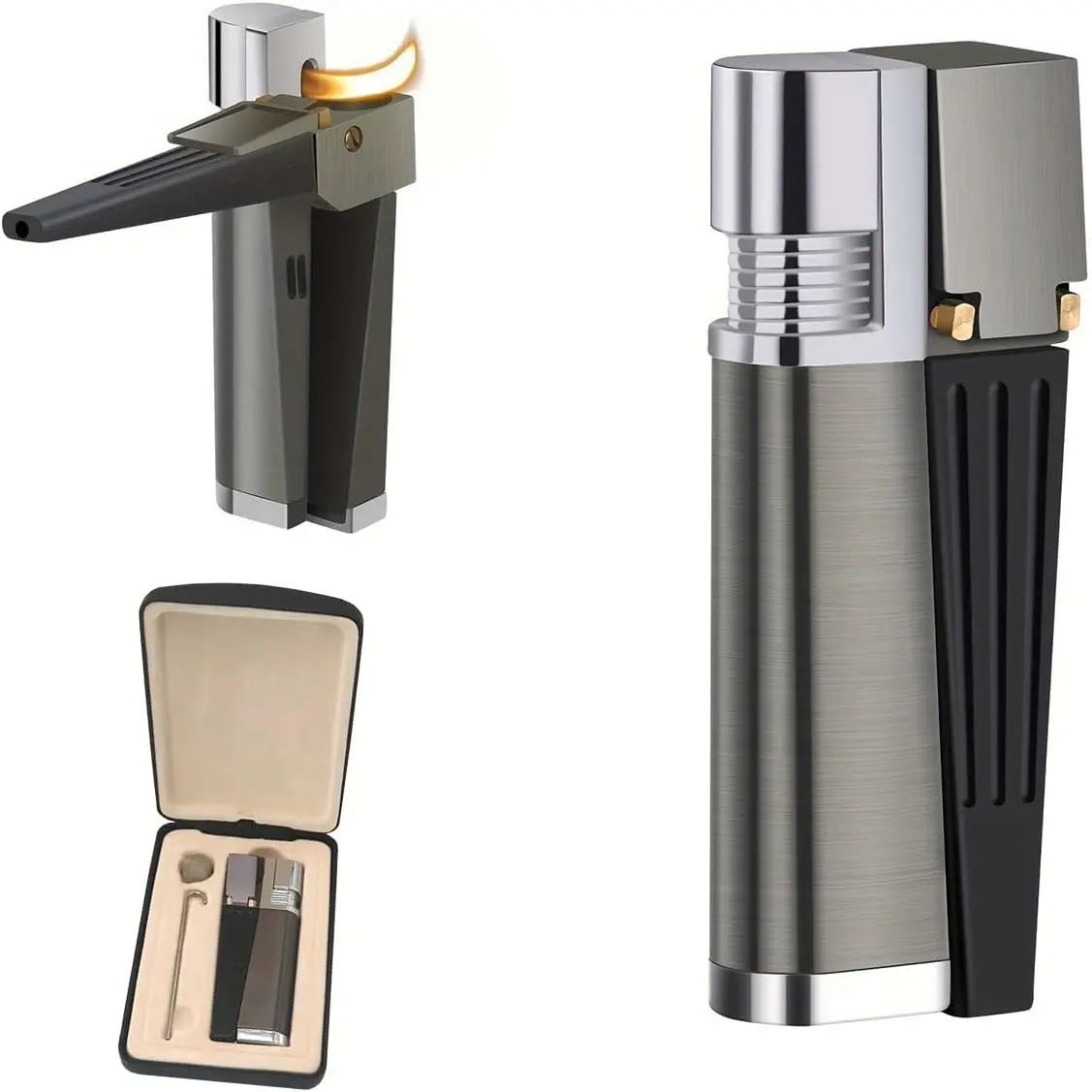 2-in-1 Foldable Metal Retro Portable Lighter Set, Refillable Butane Gas Soft Flame Lighters with Leather Gift Box (Without Gas), Room Accessories, Unique Valentine's Gift for Men