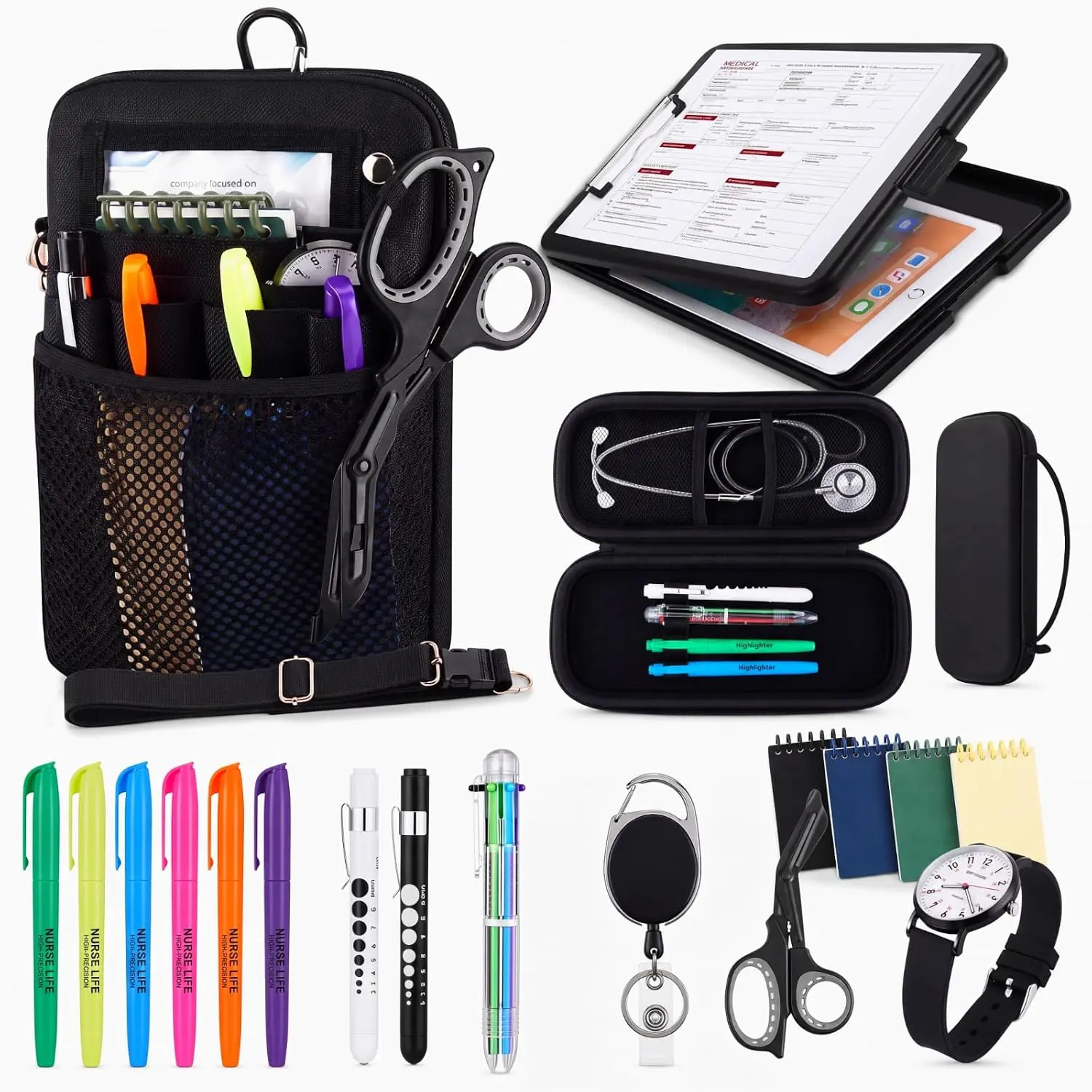 19-Piece Nursing School Essentials Kit, All-in-1 Nursing Student Starter Set with Black Nurse Fanny Pack, Stethoscope Case, Medical Scissors, Clipboard, Badge Reel, Penlight, Watch, Ideal Medical Gift