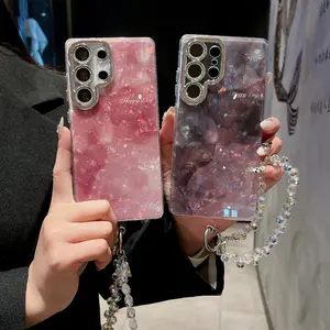 Compatible With S25 Ultra/S24/S23/S22 ink smudged shell pattern phone case glitter lens holder case HN7126