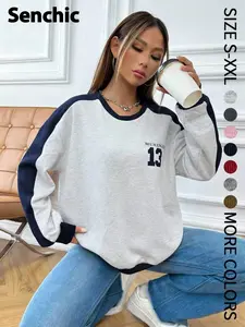 New Fashion Chic American Style Spring Fall Round Neck Contrast Color Letter Print Sweatshirt, Casual Long Sleeve Medium Length Jersey Womenswear