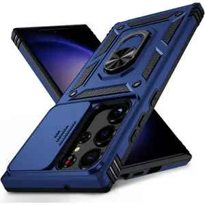 Case For Galaxy S23 Ultra With Camera Lens Cover,10 FT Drop Protection, Magnetic Ring Holder Kickstand Protective Phone Case For Galaxy S23 Ultra, Navy Blue
