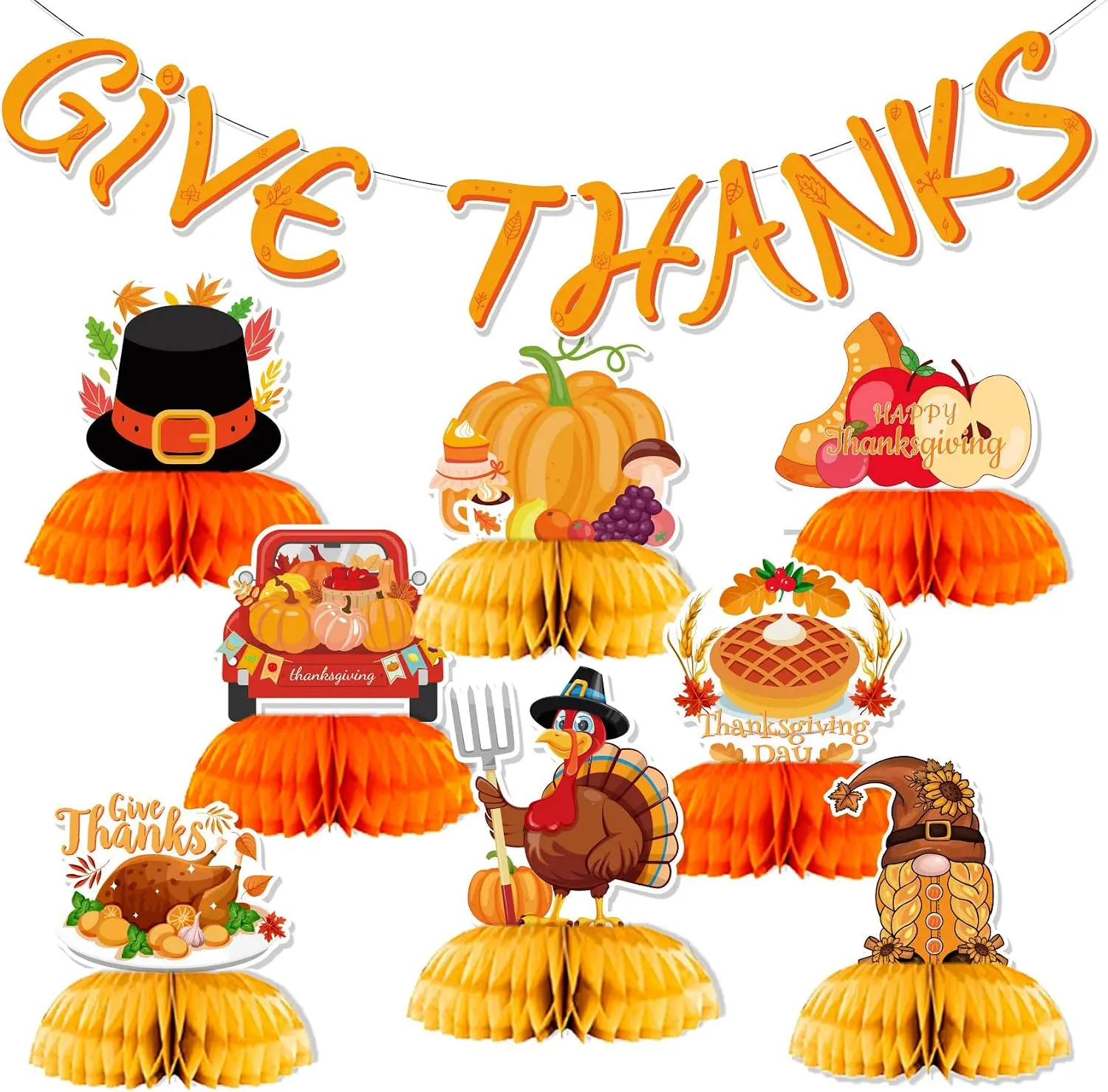 9Pcs Thanksgiving Honeycomb Centerpiece Party Decor | Thanksgiving Table Decorations |Thanksgiving Party Decorations| Thanksgiving Centerpieces for Tables |Give Thanks Banner Pumpkin Truck Sunflowers