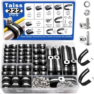 222PCS Cable Clamps Assortment Kit 304 Stainless Steel Rubber Cushion Pipe Clamps 10 Sizes 1/4" 5/16" 3/8" 1/2" 5/8" 3/4" 1" 1-1/4" 1-1/2" 1-3/4" Metal Wire Clamps (with Two Kinds of Screws)