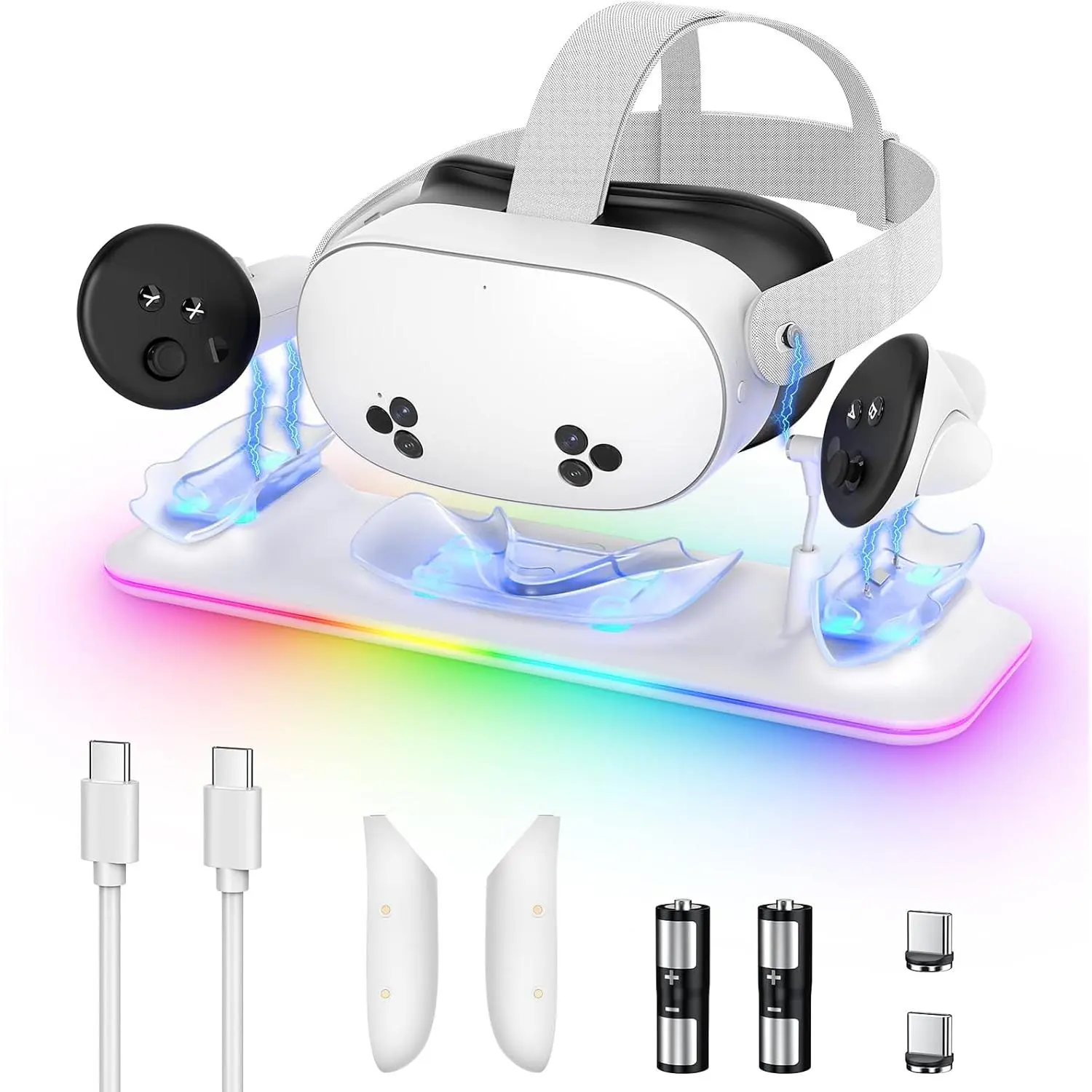 Kinwin Magnetic Charging Dock for Meta Quest 3S/3 Oculus Accessories - Wearable Devices VR Headset & Controller Stand with RGB Light, 2 Rechargeable Batteries