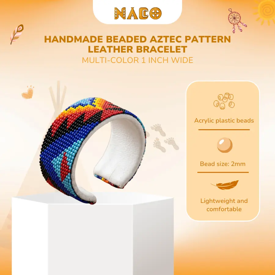 Handmade Beaded Aztec Pattern Multi-Color Bracelet for Boho Everyday Fashion as Leather Cuff Wristband with 1-Inch Wide Comfort Fit