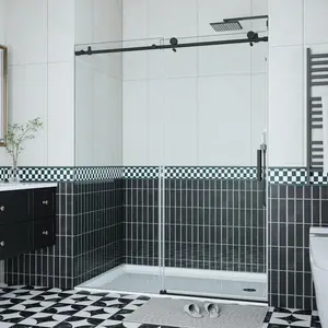 Black Shower Door, 44-48" W × 76" H Frameless Sliding Shower Door,Waterproof Glass Shower Door with Stainless Steel Handle and Seal Strip, 5/16" (8mm) Easy-Clean Tempered Glass,Matte Black