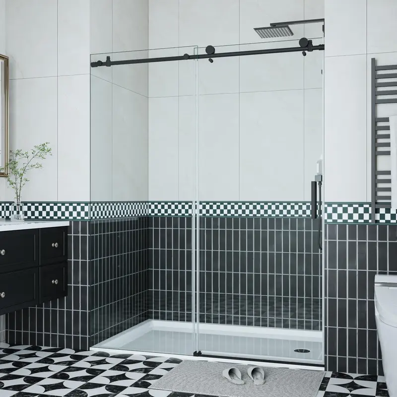 Matte Black Frameless Trackless Sliding Doors, Adjustable 56-60x76in Size, 5/16in (8mm) Easy-Clean Tempered Glass, Waterproof Seal Strip, Stainless Steel Handle, Engineered Bottom Guide Rail, Leak-Proof for Commercial Furniture