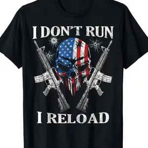 Printed T-Shirt With I Don't Run I Reload Gun Rights AR-15 Skull American Flag Graphic 100% Cotton Heavyweight Soft Knitted Fabric Durable Easy To Clean