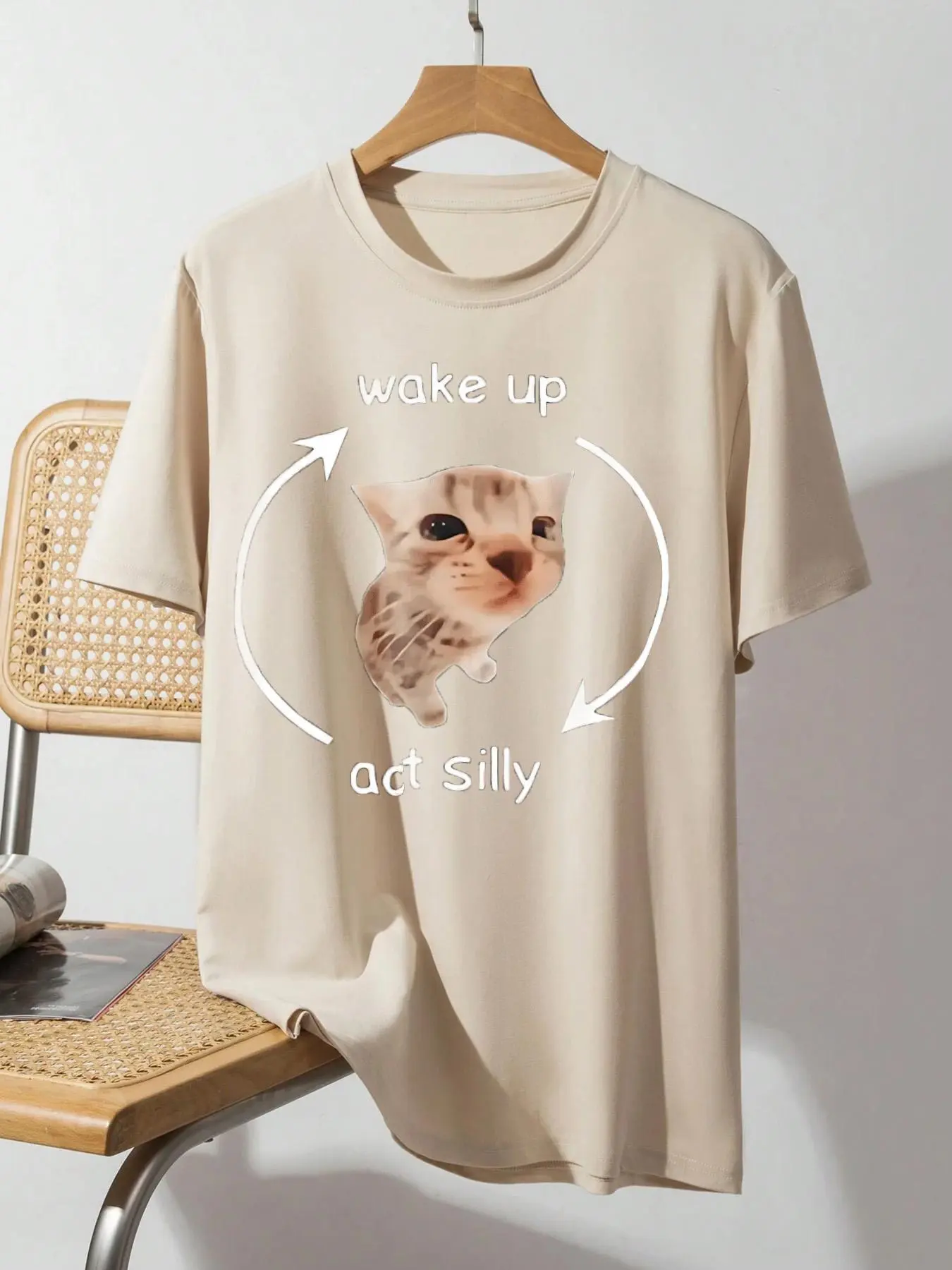 Men's Cat & Letter Print Round Neck Tee, Cute Regular Fit Casual Short Sleeve T-shirt, Men's Top for Daily Wear, Casual Style Tee