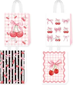 24 Pcs Coquette Pink Cherry Bow Paper Gift Bags Women Birthday Christmas Party Favor Goodie Candy Bags with Handles for Bridal Engagement Party Supplies