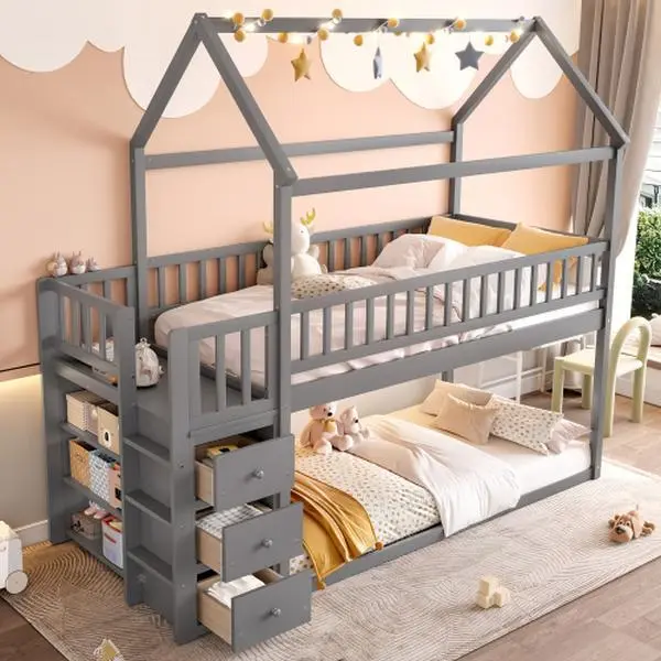 Bellemave TWIN/TWIN HOUSE BUNK BED WITH SHELVES AND DRAWERS FOR WHITE COLOR Heavy Duty Bunkbeds Daybed Bedroom Set Sturdy Construction House Bed with Roof Design Storage Functions Space-Saving KD Easy Assembly