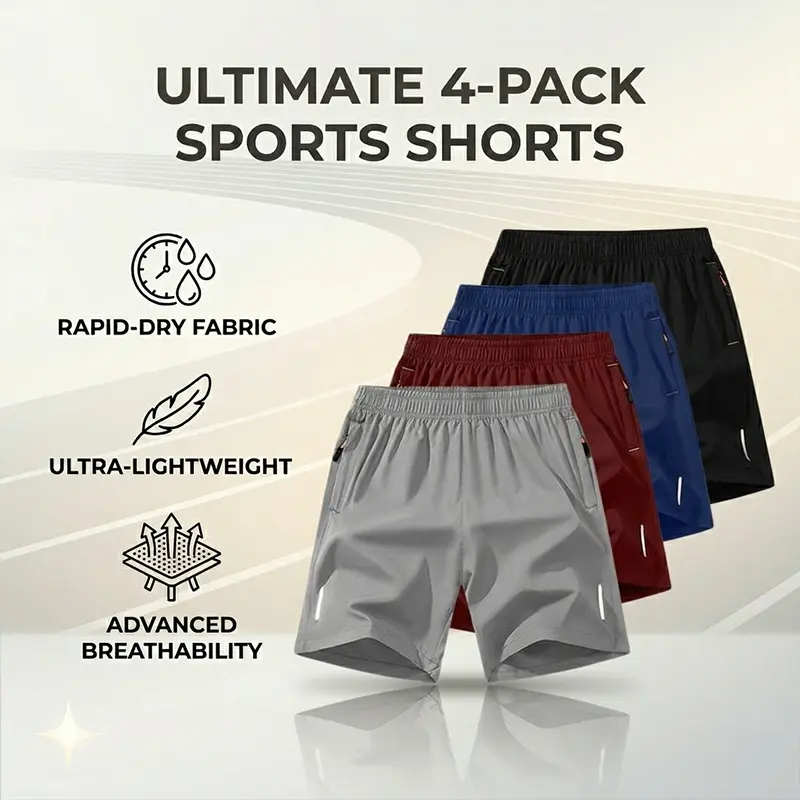 Men’s Multi-Size 4-Pack Quick-Dry Athletic Shorts - Breathable, Lightweight Athleisure Casual Bottoms for Workout, Outdoor Use, Athleisure Casual Shorts, Breathable Athletic Shorts