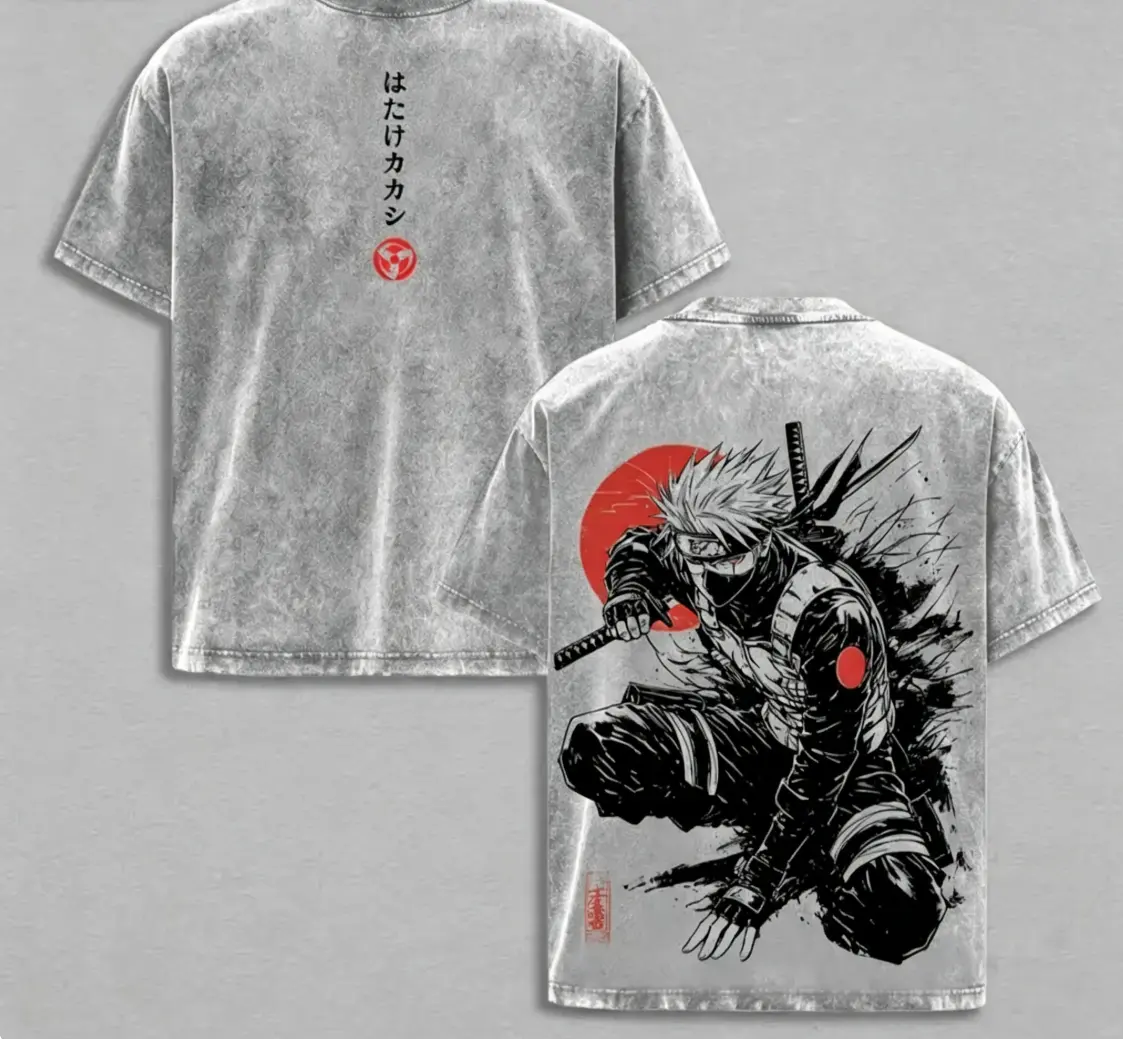 Kakashi Hatake T-Shirt, Naruto Anime Vintage Washed Tee, Sharingan Ninja Graphic Shirt, Oversized Japanese Streetwear, Dark Aesthetic Manga Top, Unisex Casual Anime Fashion seamless collar breathable short sleeve t-shirt retro staind