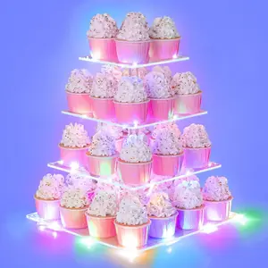 4 Tier Cupcake Stand with LED String Light, Acrylic Cupcake Display Stand, Square Cupcake Tower Holder, Cup Cake Stand for Birthday, Wedding, Party