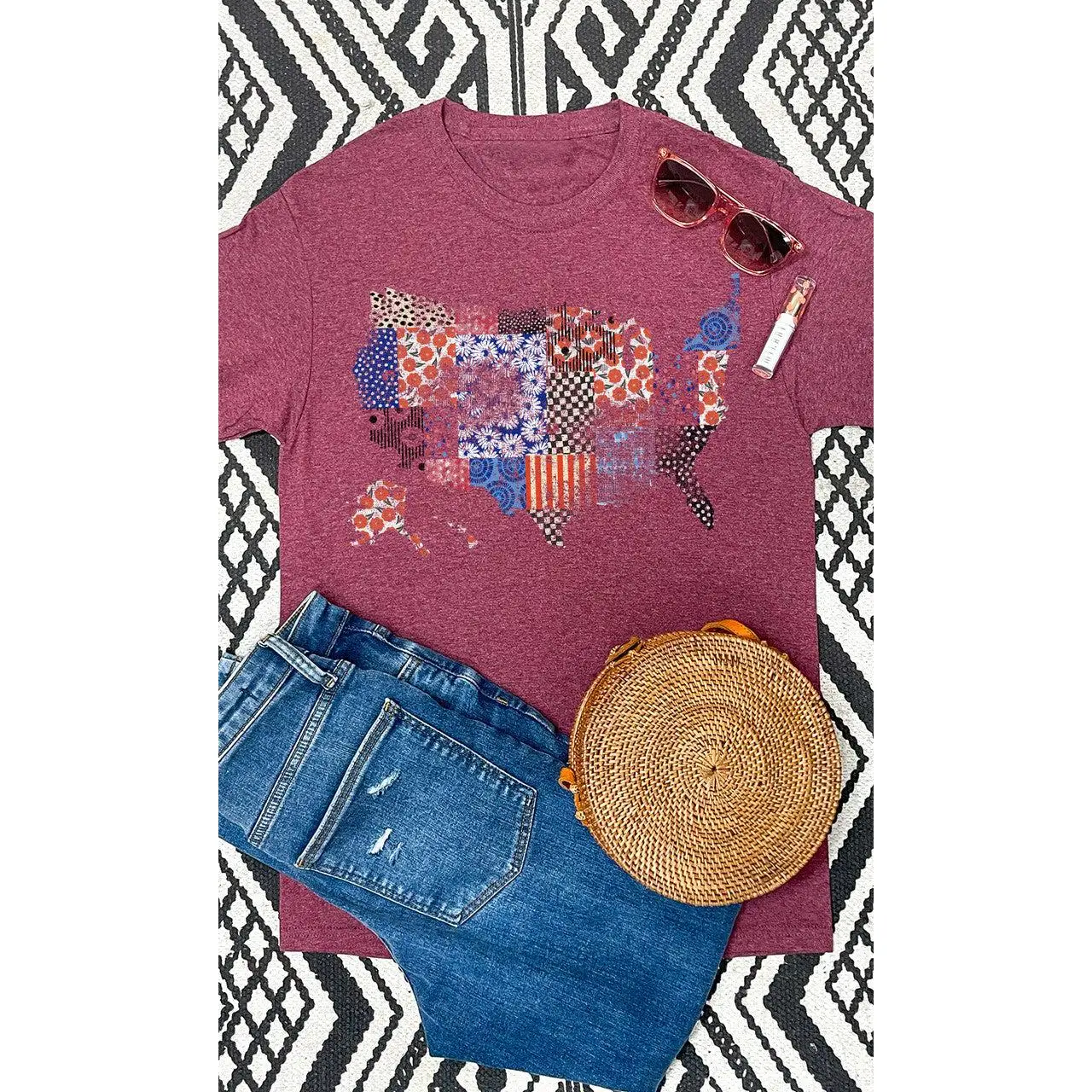 Tees2urdoor Women's Fitted Vintage Cotton Shortsleeve Round Neck Patchwork Distressed Americana USA Graphic Streetwear T-Shirt, Cold Wash Friendly, Fits Most Sizes