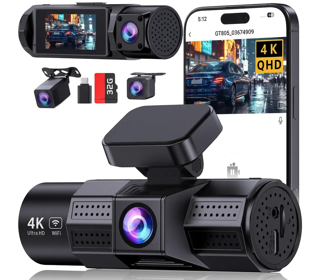 4K 3 Channel Dash Cam Front Inside and Rear, Dash Camera for Cars with WiFi, GPS, WDR Night Vision, 24H Parking Mode, G-Sensor, Heat Resistant Car Camera, 32GB SD Card Included, 256GB Max, Mobile App