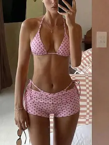 Costavie Summer New Beach Vacation Party Afternoon Tea Polka Dot Print Micro Triangle Side Tie Ruched 3 PiecesWomen Swimwear Set