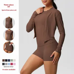 New Cloud-Feel Brushed Sports Zipper Jacket, Casual Running Hip-Lifting Pocket Shorts, Yoga Outfit Three-Piece Set