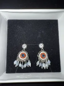 Beaded Hawaiian Style Earrings with Orange Accents, Decorative Beads, and Clear Accents, Featuring a Silver Frame and Beads