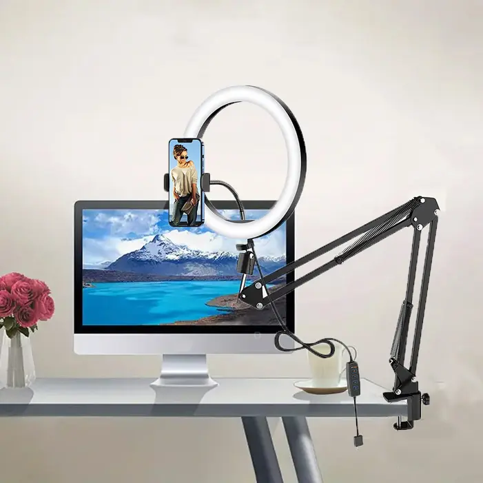 LED Selfie Ring Light Phone Stand With Folding Arm Circle Fill Light Dimmable Tripod Photography RingLight For YouTobe Streaming