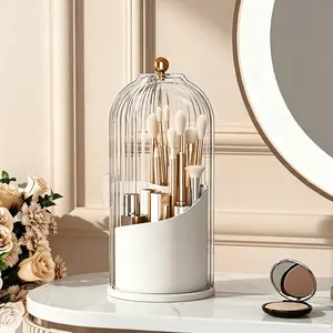 Dustproof Rotating Makeup Brush Holder with Lid, 360° Spinning Cosmetic Organizer with 3 Compartments, Clear & Smoke Gray 2 Options, Airtight Flip Lid Protect Brushes Lipsticks Liners from Steam & Dust.