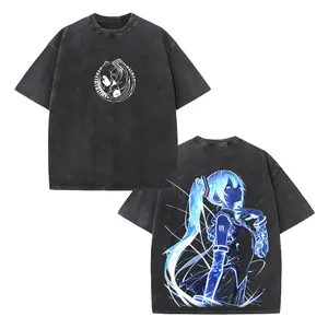 Hatsune Miku 01 Vintage Washed T Shirt Neon Blue Anime Graphic Tee Double Printed Oversized Streetwear Unisex Loose Fit Heavy Cotton Short Sleeve Top Retro Vocaloid Inspired Fashion Casual Daily Outdoor Wear Gift for Adult Anime Fans