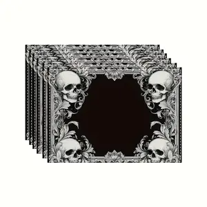 4-piece/6-piece black skull flower patterned Rectangular shape placemat - machine washable Linen material linen placemat, suitable for Halloween party decoration, home kitchen and restaurant tabletop decoration, elegant dining accessories