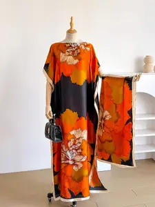 Women Floral Print Robe Set, Elegant Chic Fashion Long Dress + Scarf Headband, Beach Sun Protection Satin Silk Shawl, All Seasons Wear Outfit