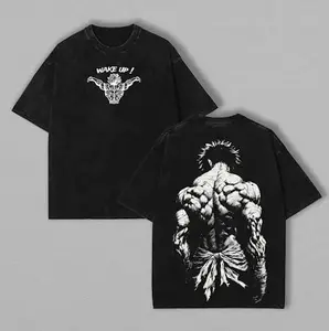 Menswear Oversized Vintage Washed Heavyweight Cotton T-Shirt - Unisex Round-Neck Short-Sleeve Double-Printed Baki Anime Casual Streetwear Top for Otaku, Men’s Shirts for Gym Use