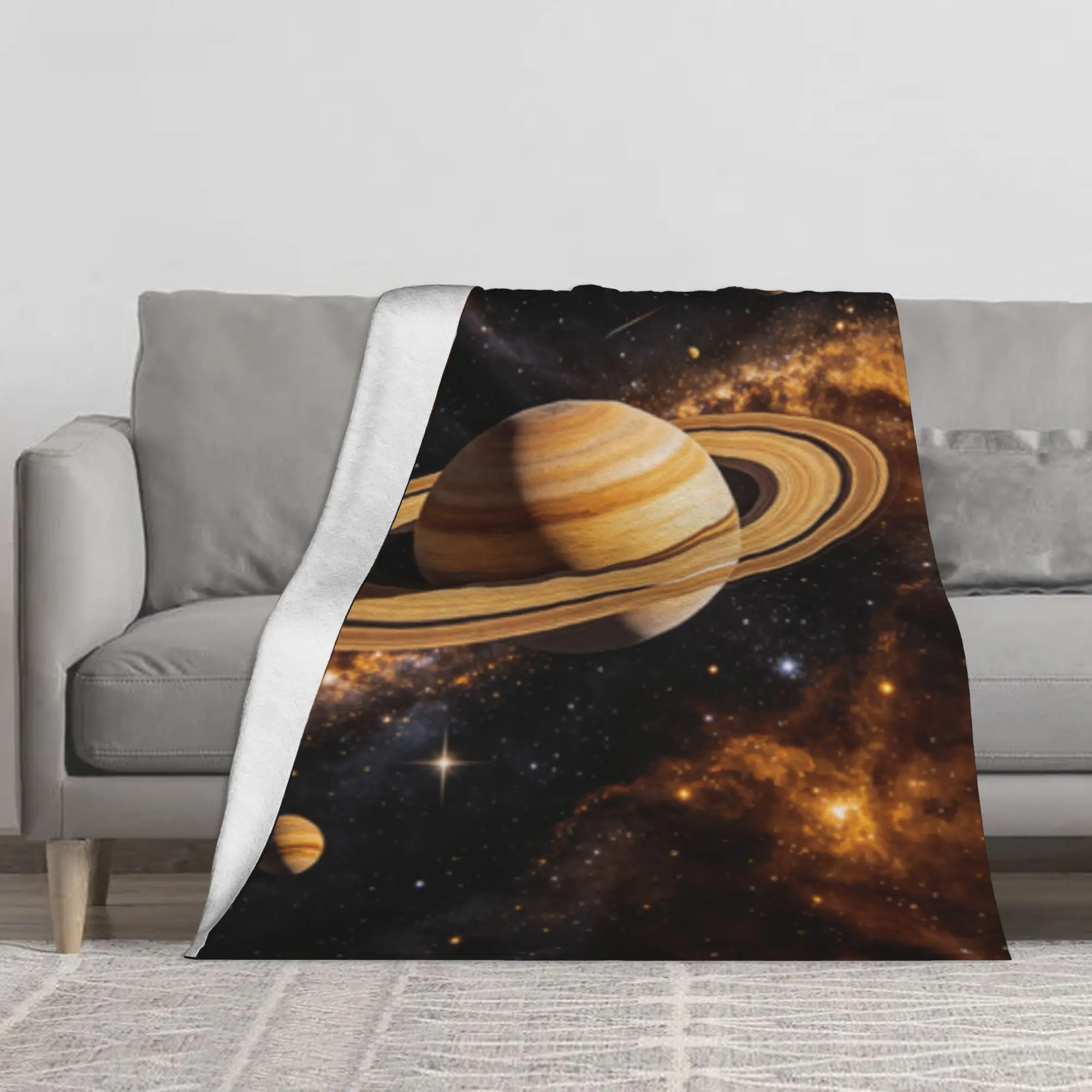 Saturn Golden Starry Space Nebula Flannel Throw Blanket, Large Soft Lightweight Warm Decor Blanket, Multi-Purpose Sofa Cover, Wall & Front Door Hanging Tapestry, Cosmic Sci-Fi Aesthetic Gift for Family and Friends