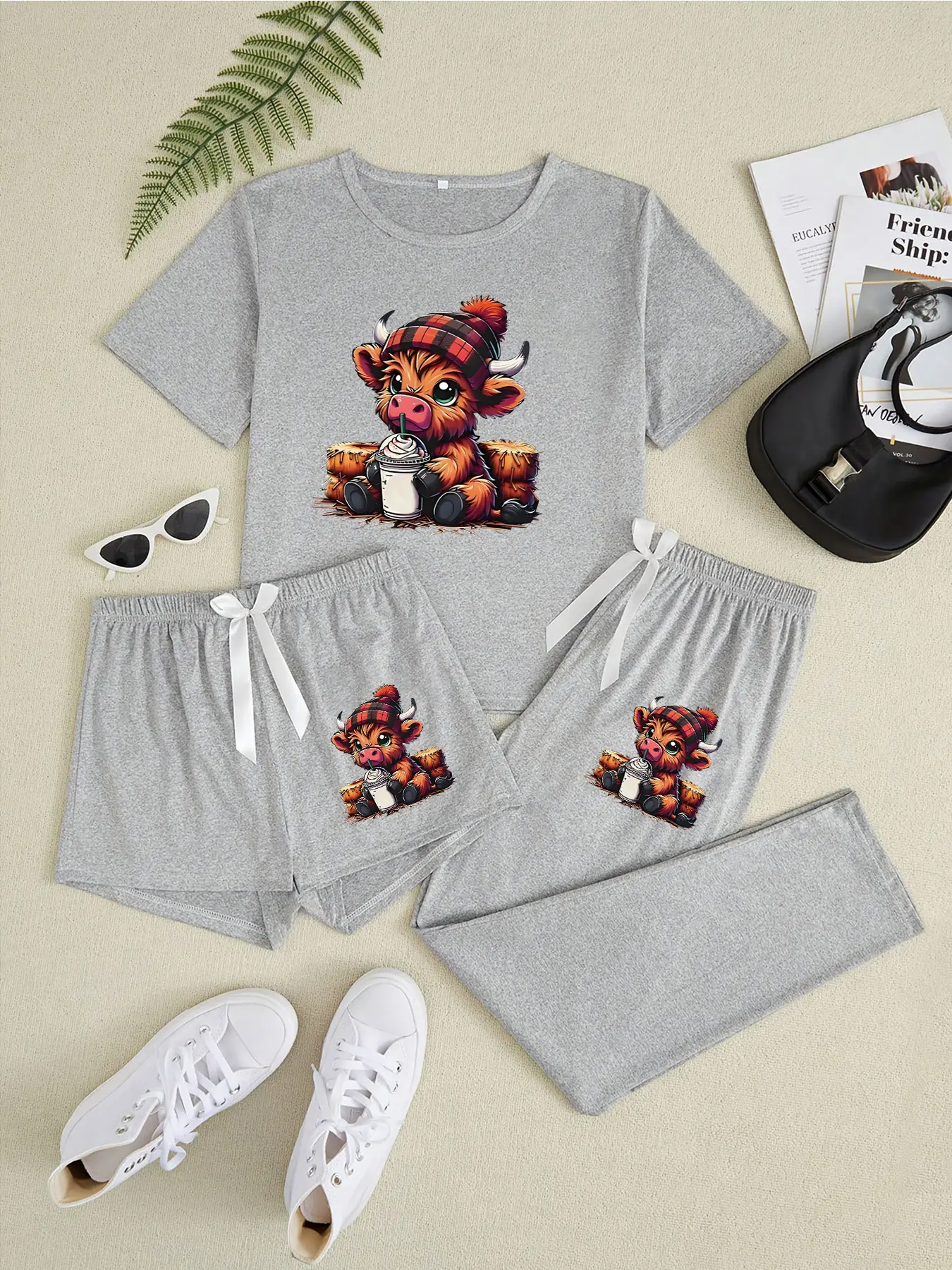 Women's Cartoon Highland Cow Print Pajama Set, 3 Piece Sleepwear with Hat, Casual Fitted Nightwear for All Seasons Checkered Lounge Set