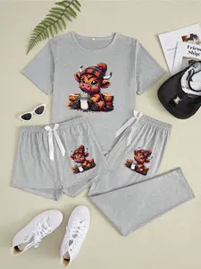 Women's Cartoon Highland Cow Print Pajama Set, 3 Piece Sleepwear with Hat, Casual Fitted Nightwear for All Seasons Checkered Lounge Set