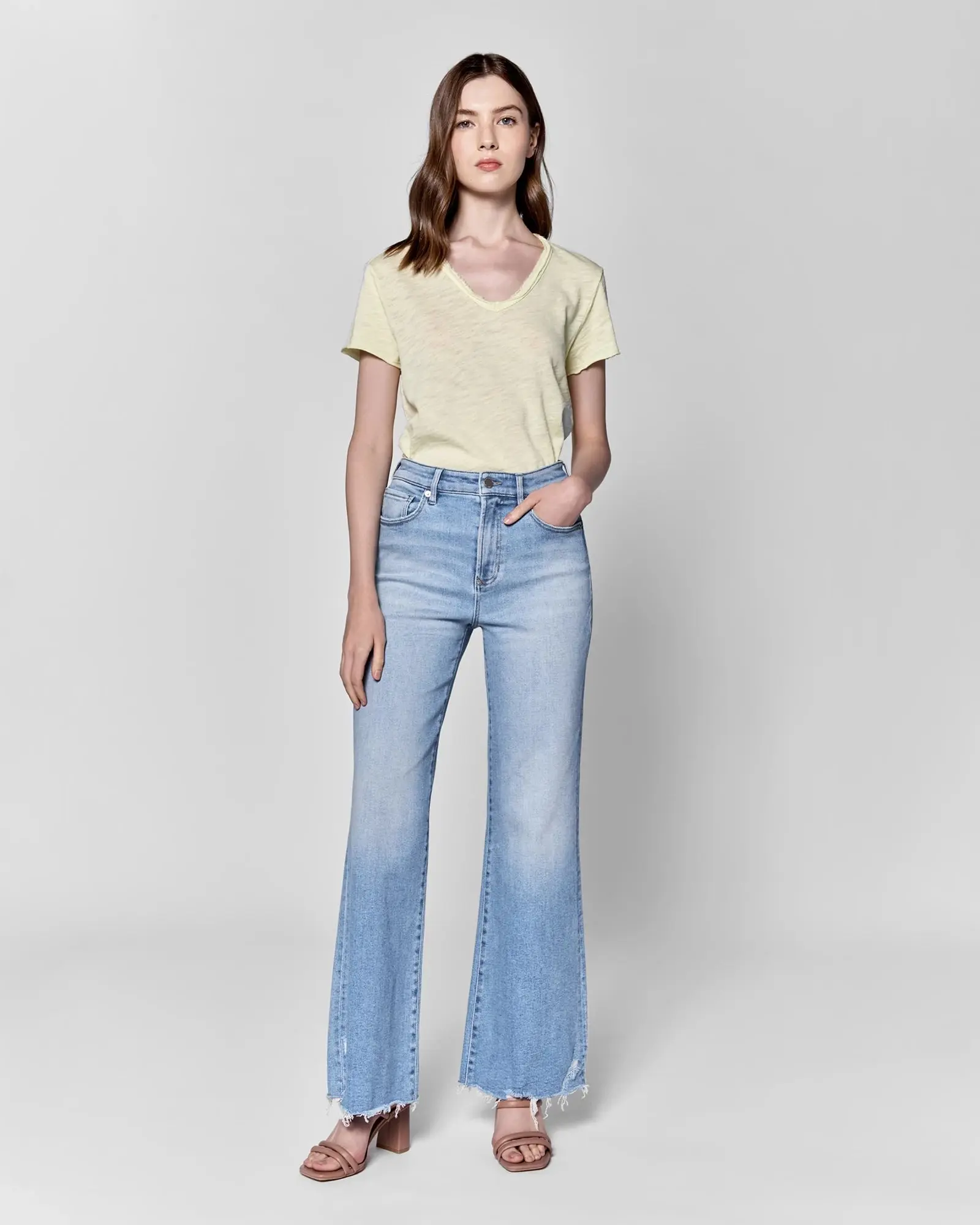 Women's Comfy Soft Washed Denim Fiona High-Rise Wide Leg Jeans - Relaxed Fit, Loose-Fitting Wide Leg Style, Bell Bottom Design, Distressed Hem, Edge Detail, Comfy All Day Wear