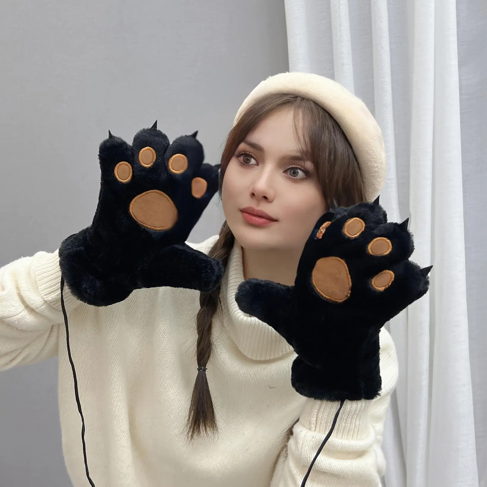 Winter Fleece Adult Bear Paw Fleece Gloves for Women - Insulated, Thickened, and Cold-Resistant Cuffless Mittens