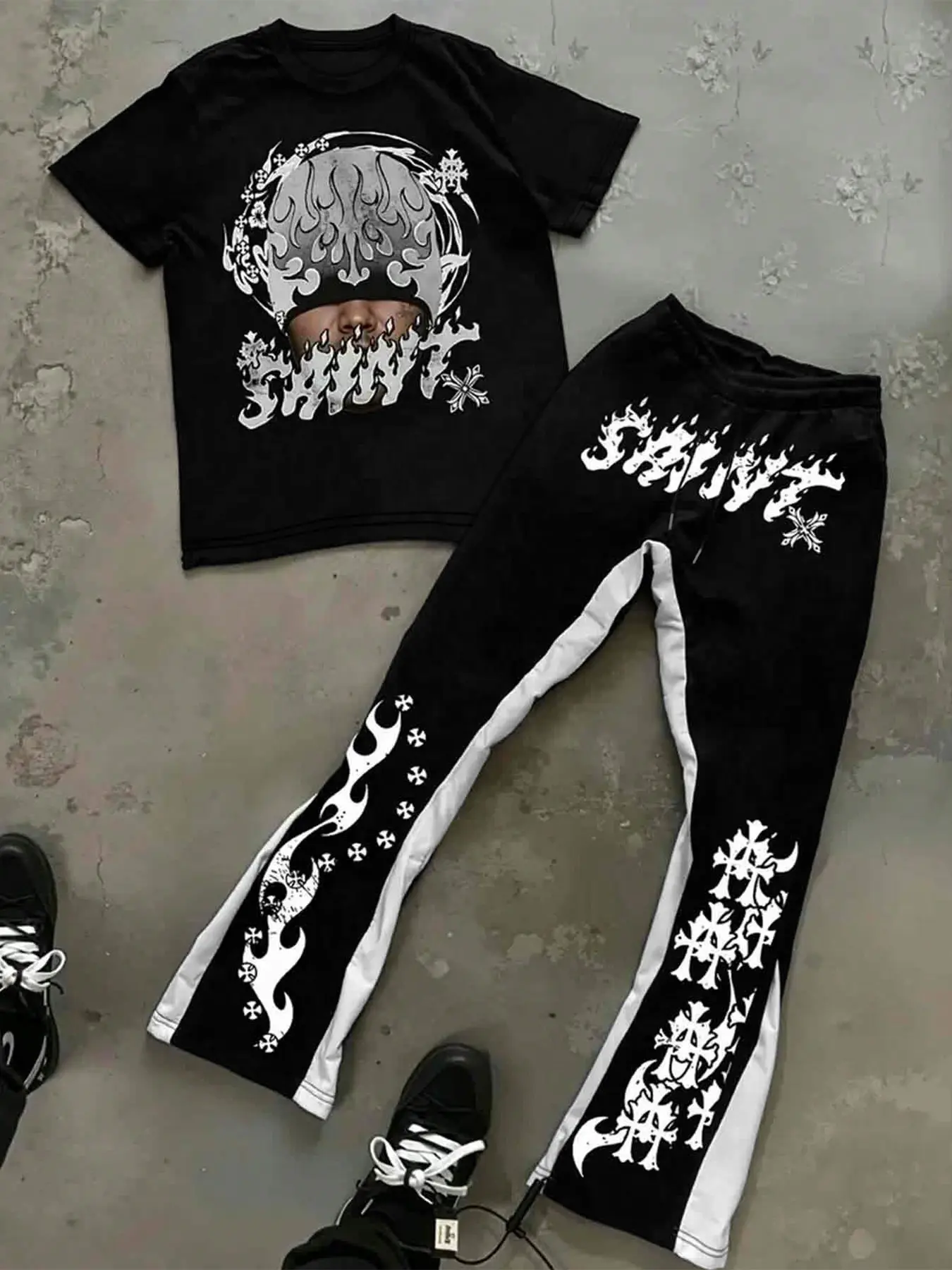 Unisex Street Style Knit Loose Fit Short Sleeve Pants Set, Y2K Star Pattern Cropped Tee, Casual Summer, Fashionable and Trendy Clothing