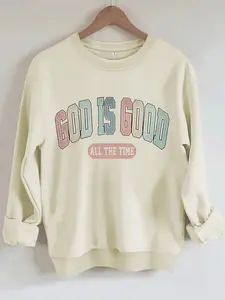 Women's Casual God Is Good Graphic Knitted Pullover Sweater, Soft Long Sleeve Round Neck Sweatshirt, Comfortable Daily Wear, Womenswear