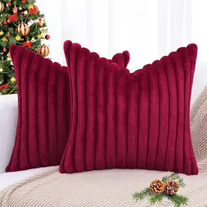 Christmas Faux Fur Throw Pillow Covers 18x18 Set of 2, Decorative Soft Plush Striped Couch Pillow Covers with Velvet Back for Sofa, Bed, Burgundy