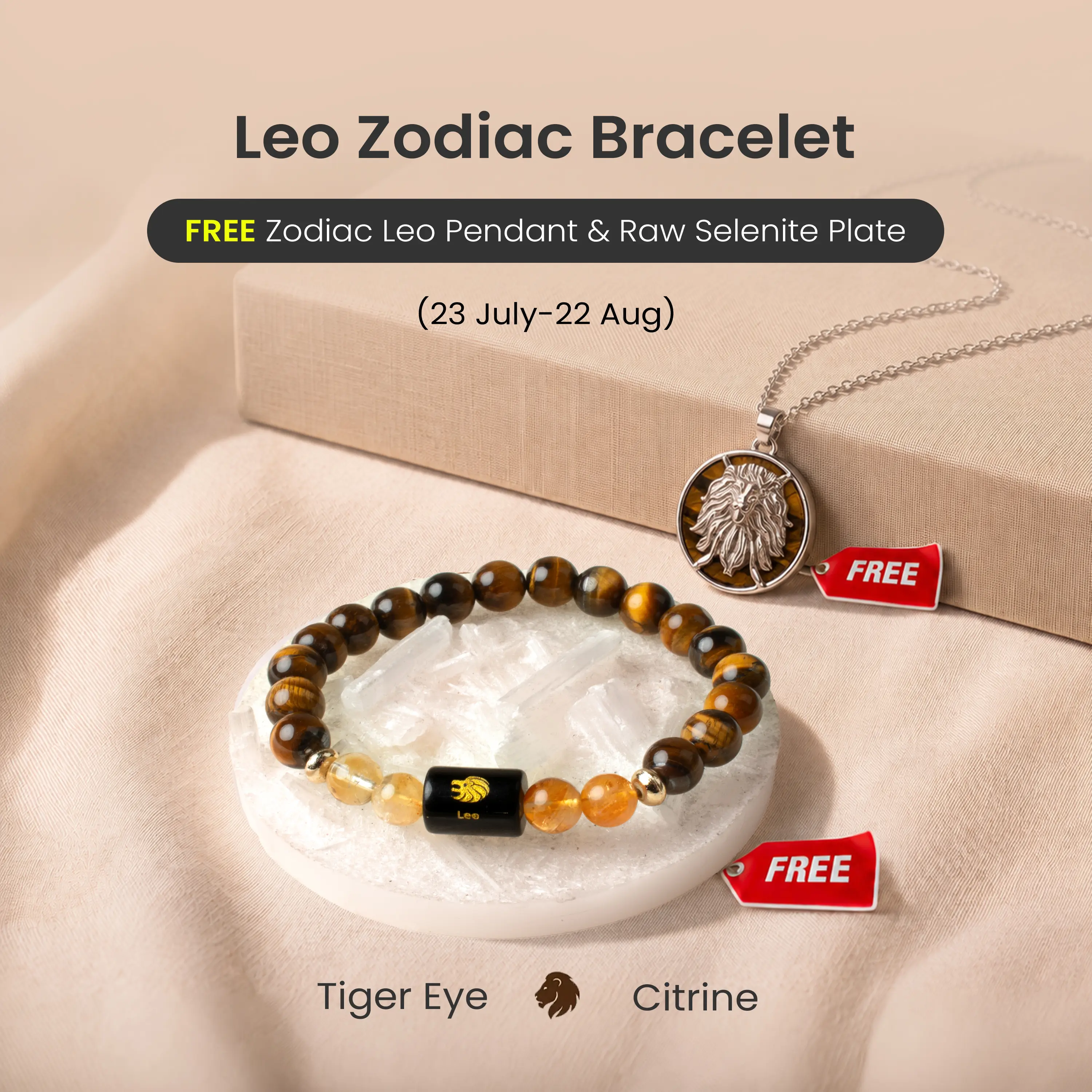 Astrotalk Tiger Eye & Citrine Leo Zodiac Bracelet for build confidence, focus & a success-driven mindset | FREE Leo Pendant & Raw Selenite Plate for Crystal Charging | Daily Wear Jewellery | Certified Authentic | Perfect Gift for Leos