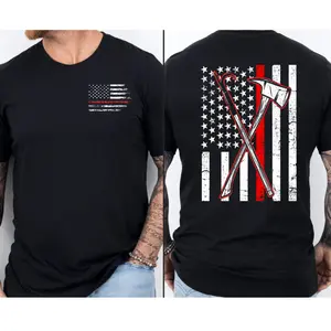 Firefighter T Shirt 2 Sides, Us Flag Thin Red Line Shirt, Fireman Tee, Gift For Dad Husband Grandpa, Men's Firefighter Tee, Regular Fit Short Sleeve Tee, Classic Streetwear