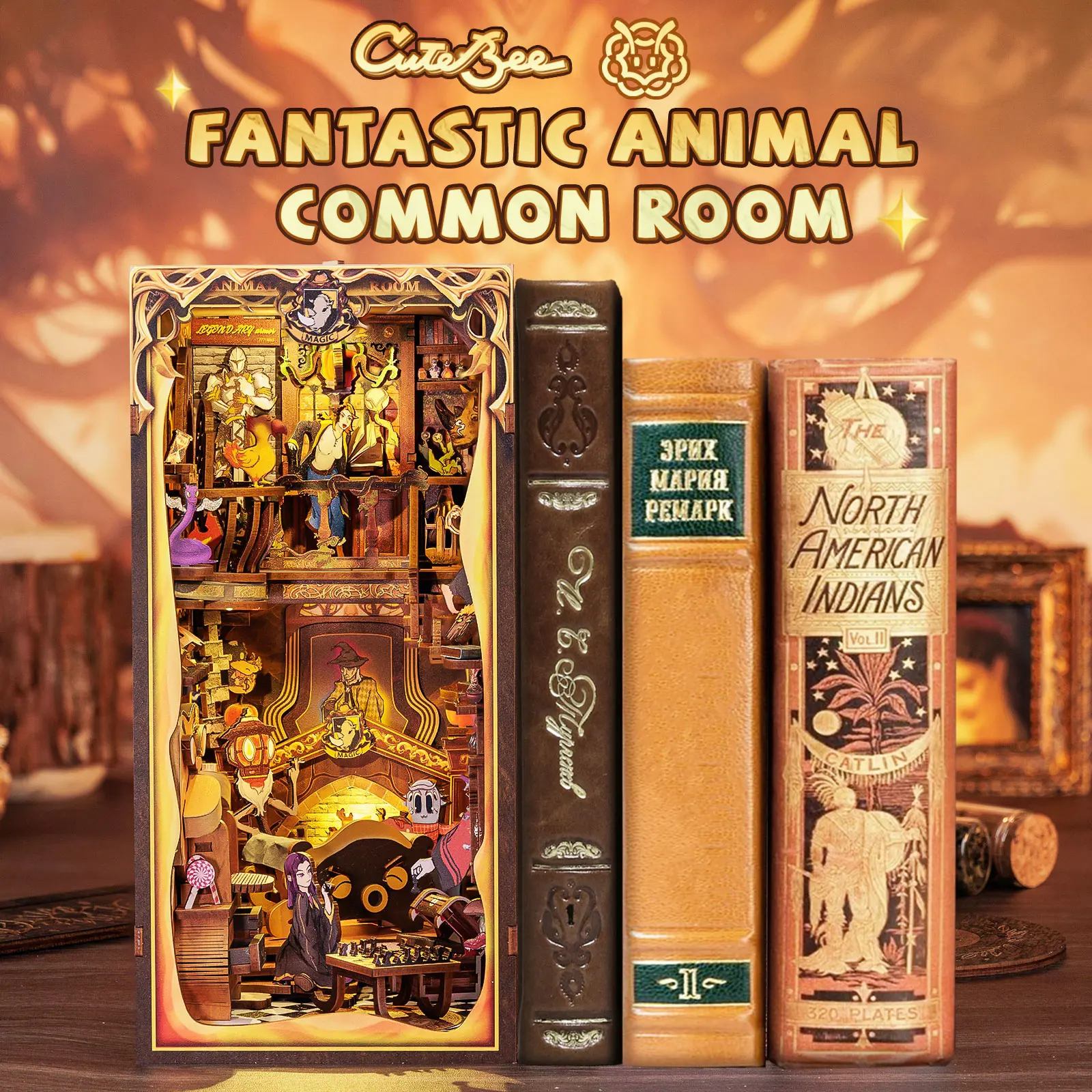 CUTEBEE DIY Wooden Book Nook Miniature Set - Fantastic Animal Common Room Magic Scene with LED Light, 3D Handmade Dollhouse Decor, English Instructions, Relaxing Activity for Adults, Child Development Gift (Boosts Vocabulary)