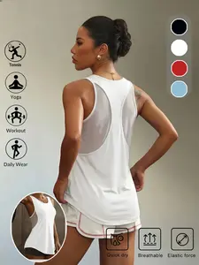 Women's Sporty Tank Top, Plain Mesh Patchwork Design, Lightweight Breathable Quick-Dry, Sleeveless Top for Fitness Yoga Running Training