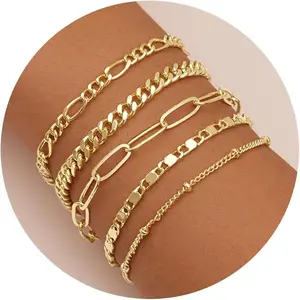 Gold Bracelets Set for Women 14K Real Gold Plated Dainty Gold Link Chain Bracelets for Women , Gold Bracelets for Jewelry Gifts Women Adjustable 7"+2"