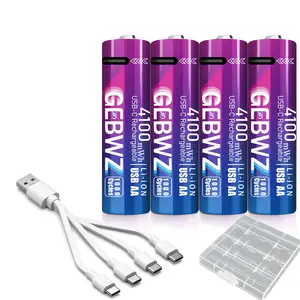 GEBWZ 4100mWh USB-C Rechargeable AA Li-ion Batteries – Lithium-ion AA Battery 4 Pack, 1.0–1.5V Adaptive Output, High Output Battery, USB C AA Batteries for Blink Camera, Remotes, Toys, Flashlights