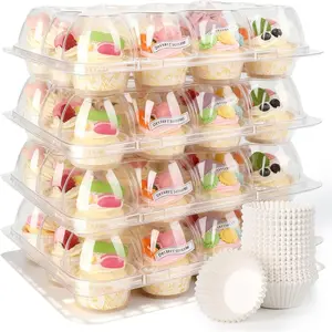 12 Pack 12 Count Stackable Plastic Cupcake Containers with 144 Cupcake Liners Cupcake Carrier Boxes Holders