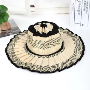 Women's Pleated Wide Brim Straw Sun Hat, Black Trim, Breathable Summer Beach Fashion Accessory, Straw Hat