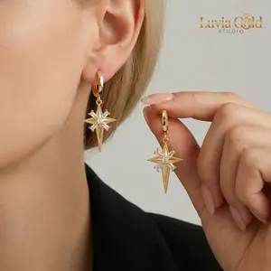 Celestial North Star Hoop Earrings 18 K Gold Plated Eco-friendly Brass（Nickel Lead Free）With Sparkling Cubic Zirconia Hypoallergenic Jewelry for Daily Wear Mother’s Day Birthday Gift for Her Luvia Gold Studio