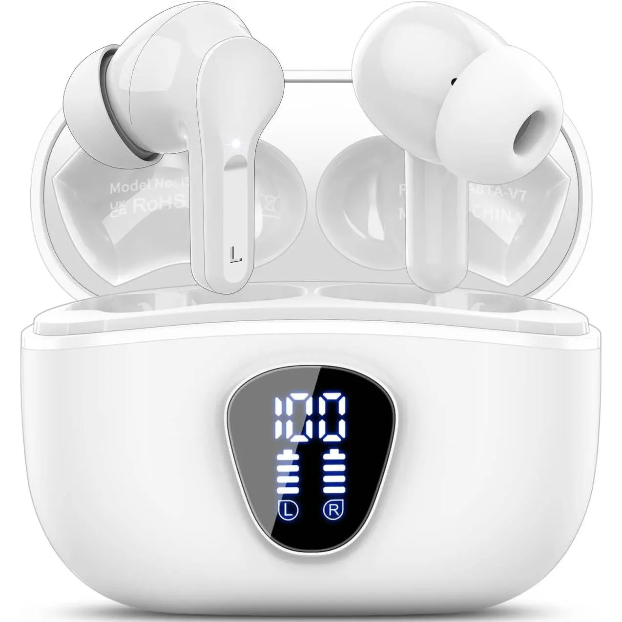 Earbuds,  5.4 Headphones HiFi Stereo,  Earbuds with ENC Noise Cancelling Mic, IP7  in Ear Earphones, 48H, LED Display Ear buds for Pad Phones Workout , White